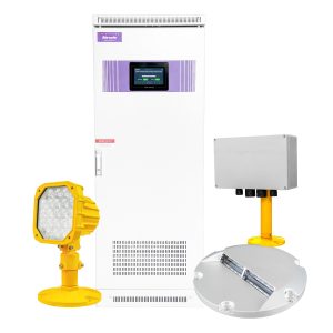Airsafe SFLS LED sequenced flashing lighting system with main control cabinet elevated flash unit and inset light for airport approach paths