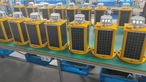AES solar portable airfield lights production line showing multiple units ready for deployment