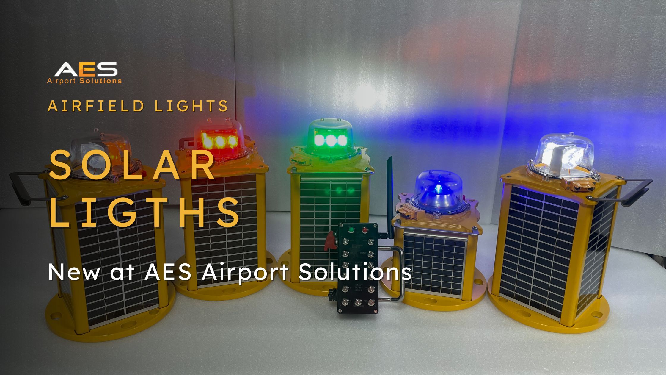 AES solar airfield ground lights with integrated solar panel.
