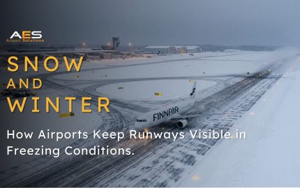 Airport runway and taxiway under snowy conditions with airfield edge lights visible