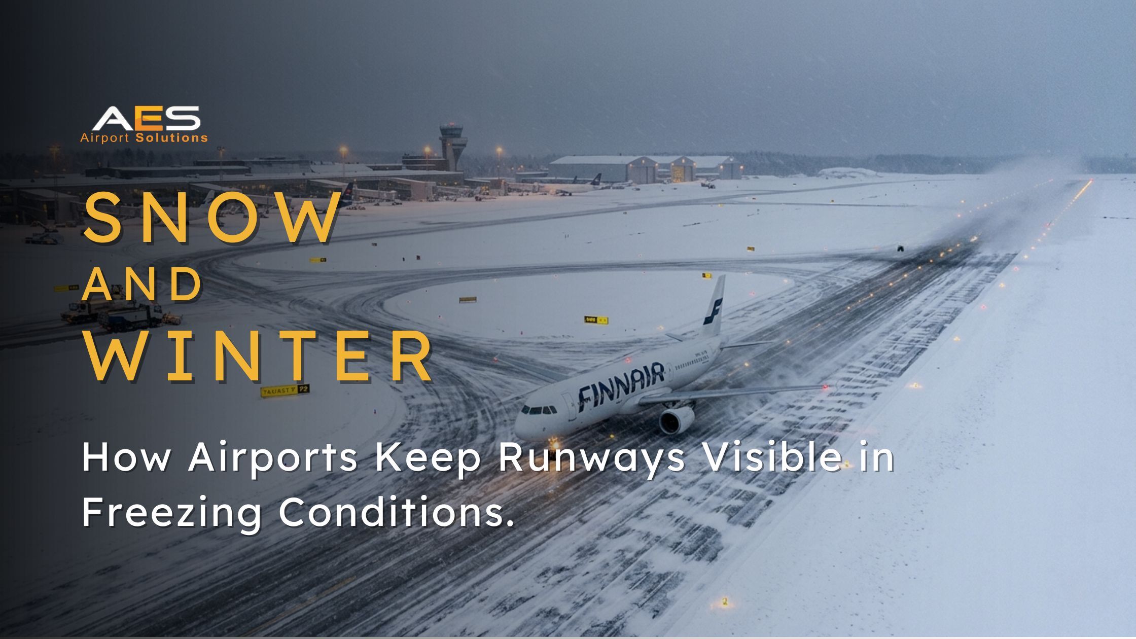 Airport runway and taxiway under snowy conditions with airfield edge lights visible