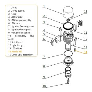 Cross-section diagram of LED airfield elevated light with arctic kit heating element near the glass lens