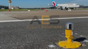 Airsafe EL-LED runway edge light ground mounted on frangible coupling on airport pavement