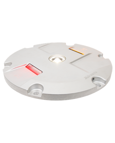 RELZ-12-LED zero water LED in-pavement combined runway edge light by Airsafe, top view showing white and red directional prisms with omnidirectional circling guidance beam