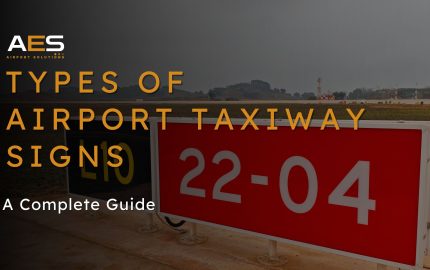 Overview of airport taxiway guidance signs showing mandatory, location, direction, destination, information and distance remaining sign types installed at an operational airfield